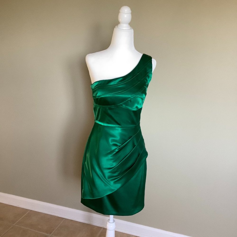 Cocktail Short One Shoulder Sleeveless Satin Dress - Kelly Green (size xs)